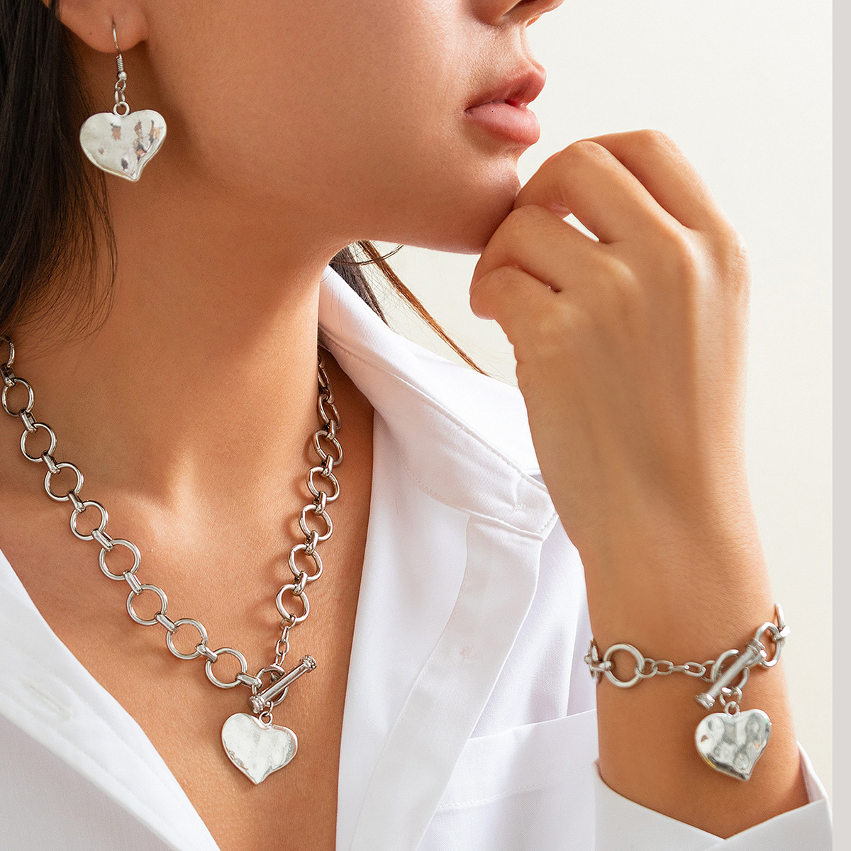 Lava Irregular Heart-Shaped Pendant Niche Wrinkled Round Disc Ring Necklace Jewelry