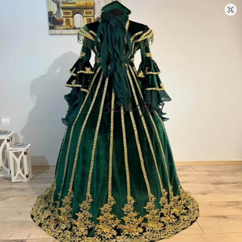 Muslima Turkish Evening Dress emerald green velvet Moroccan Prom Dress Gold Appliques Ottoman Formal Caftan Dress Customized