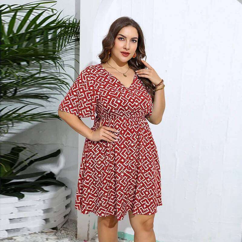 Plus size Hot selling oversized geometric pattern printed dress, casual loose V-neck midi skirt