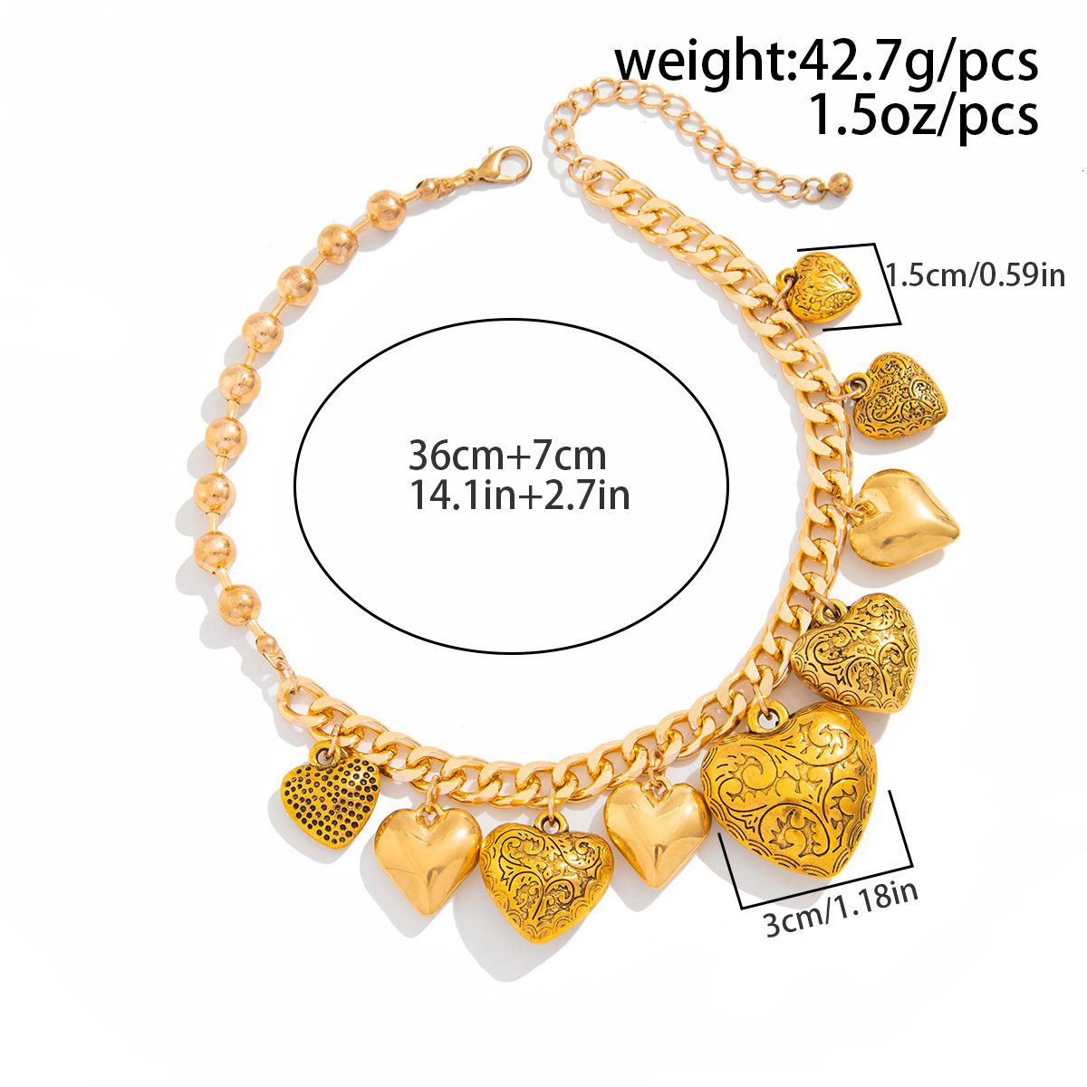 Ins Style Metal Pattern Heart Pendant Personality Copper Bead Chain Clavicle Necklace for Women