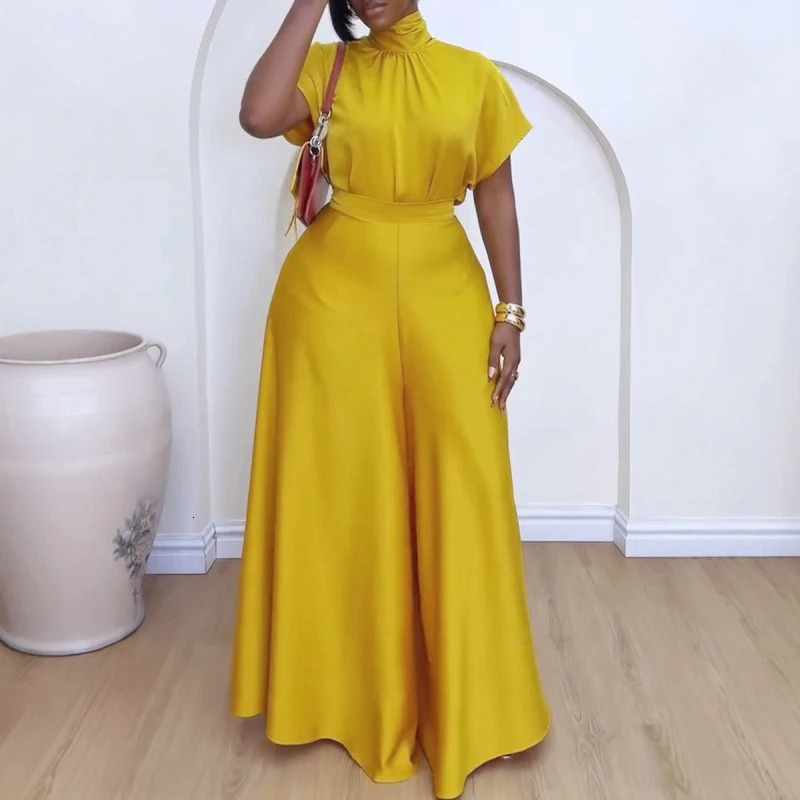 African Fashion 2024 in Women Two 2 Piece Sets Outfit Soft Satin Lace Up Top and Wide Leg Pants Set Matching 250616