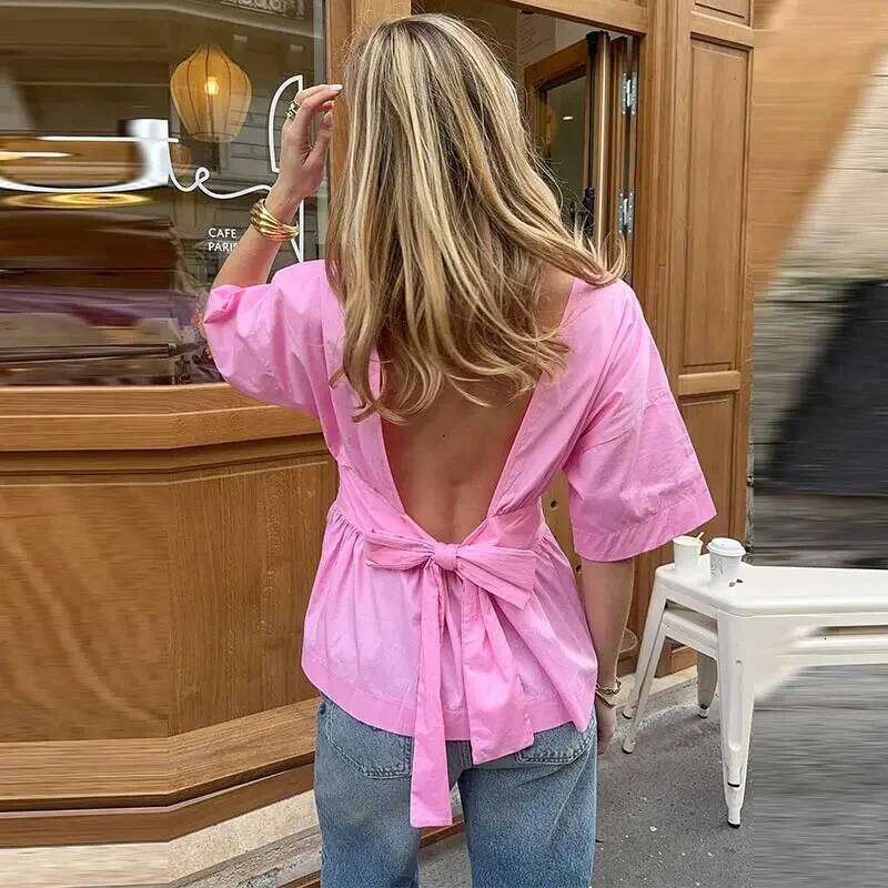 hoodie Fashion Bow Backless Pleated Shirts Women Solid O-neck Half Sleeve Waist-Closed Top Spring Summer Lady High Street Shirt jacket