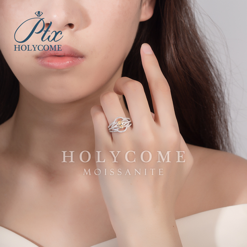 Wholesale Luxury Moissanite Engagement 925 Sterling Silver Hola Wedding Rings Set Elegant Fine Jewelry 1ct Champagne Color Ring for Women