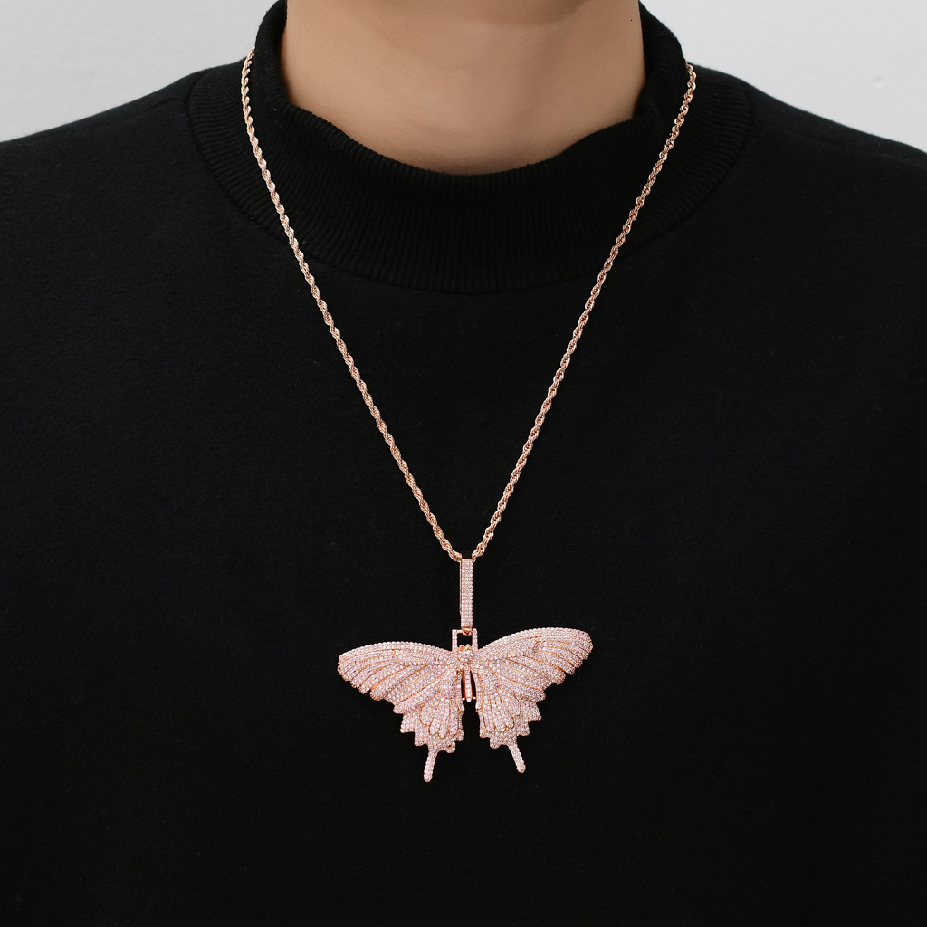 Luxury Moissanite Hip Hop Pink Diamond Butterfly Pendant Rap Style Personalized Street Big Butterfly Unisex Iced Out Necklace Accessory Pass the diamo
