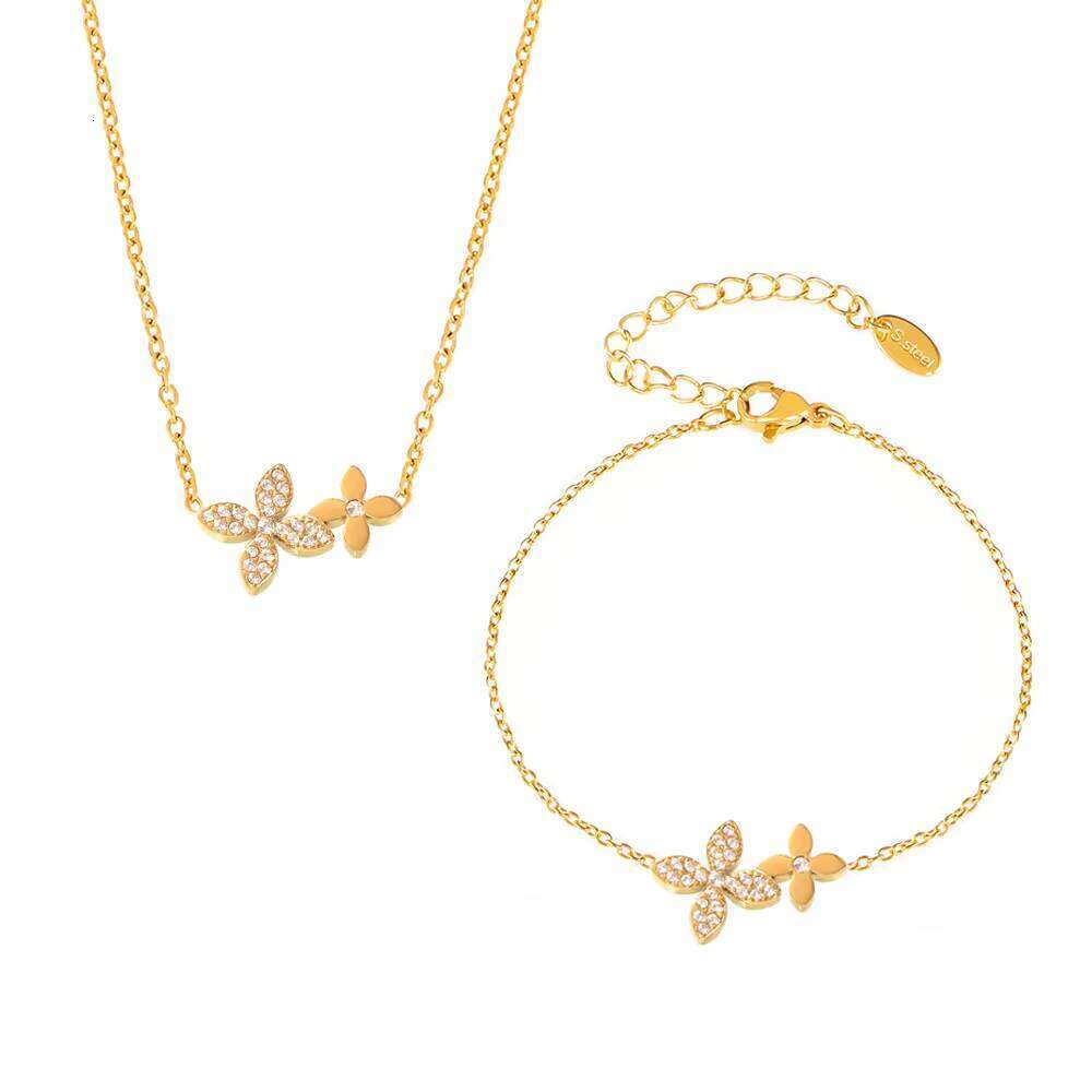DHcollections Ins Zircon Four-Leaf Flower Double-Layer Collarbone Necklace Bracelet For Women, Stainless Steel Pvd Electroplated Set