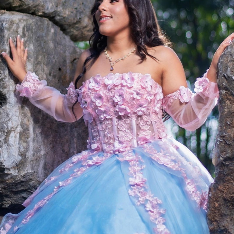 Blue Shiny Quinceanera Dresses Ball Gown Off The Shoulder Applique Flower Beads Tull Corset Sweet 16 Dress Vestidos 15 Anos