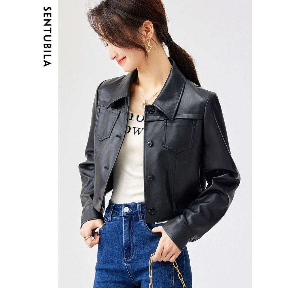 SENTUBILA Pu Leather Jacket Women Autumn Vintage Fashion Cropped Motorbike Jackets Single Breasted Black Cool Coat Top 131W46984