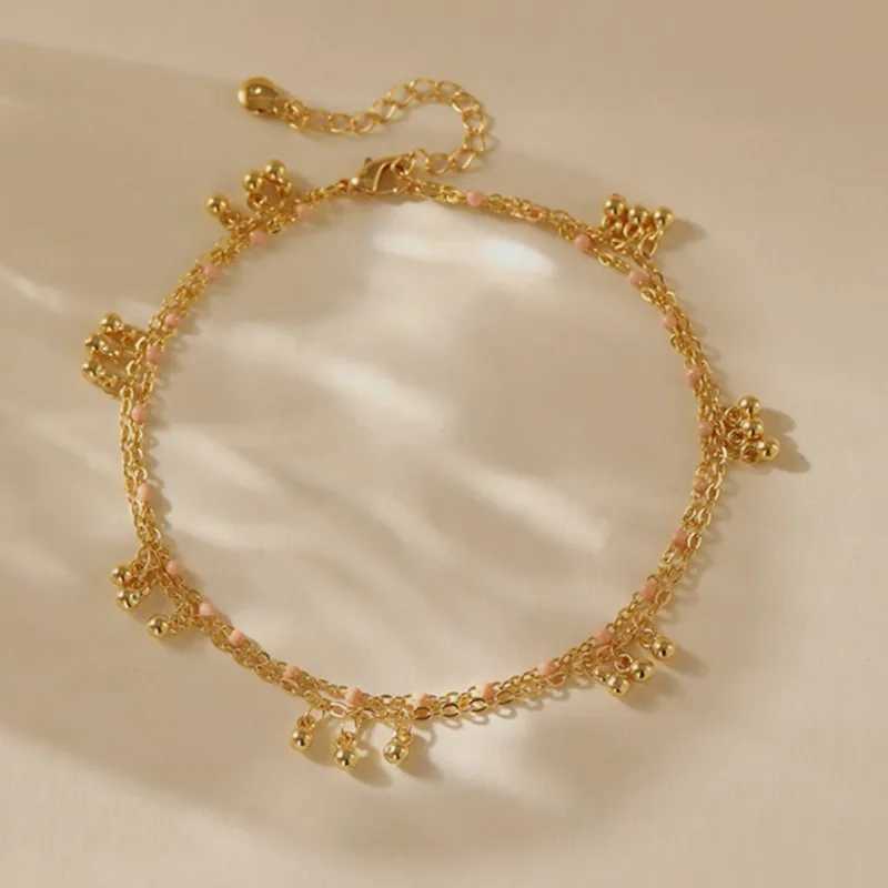 18K Gold Color Double Layer Small Beads Chain Anklet for Women Light Luxury Summer Boho Vacation Foot Chain Party Jewelry Gifts U250624
