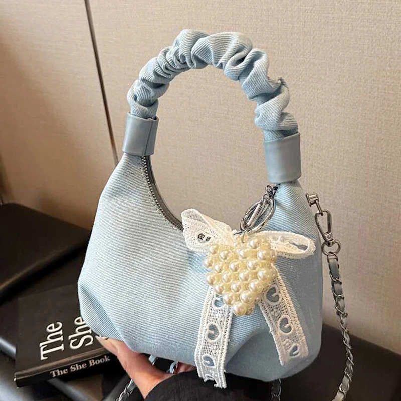 Denim Handheld Folded Cloud Bag For Women Fashion Pearl Ribbon Decor Versatile Chain Crossbody Shoulder Bag 250624