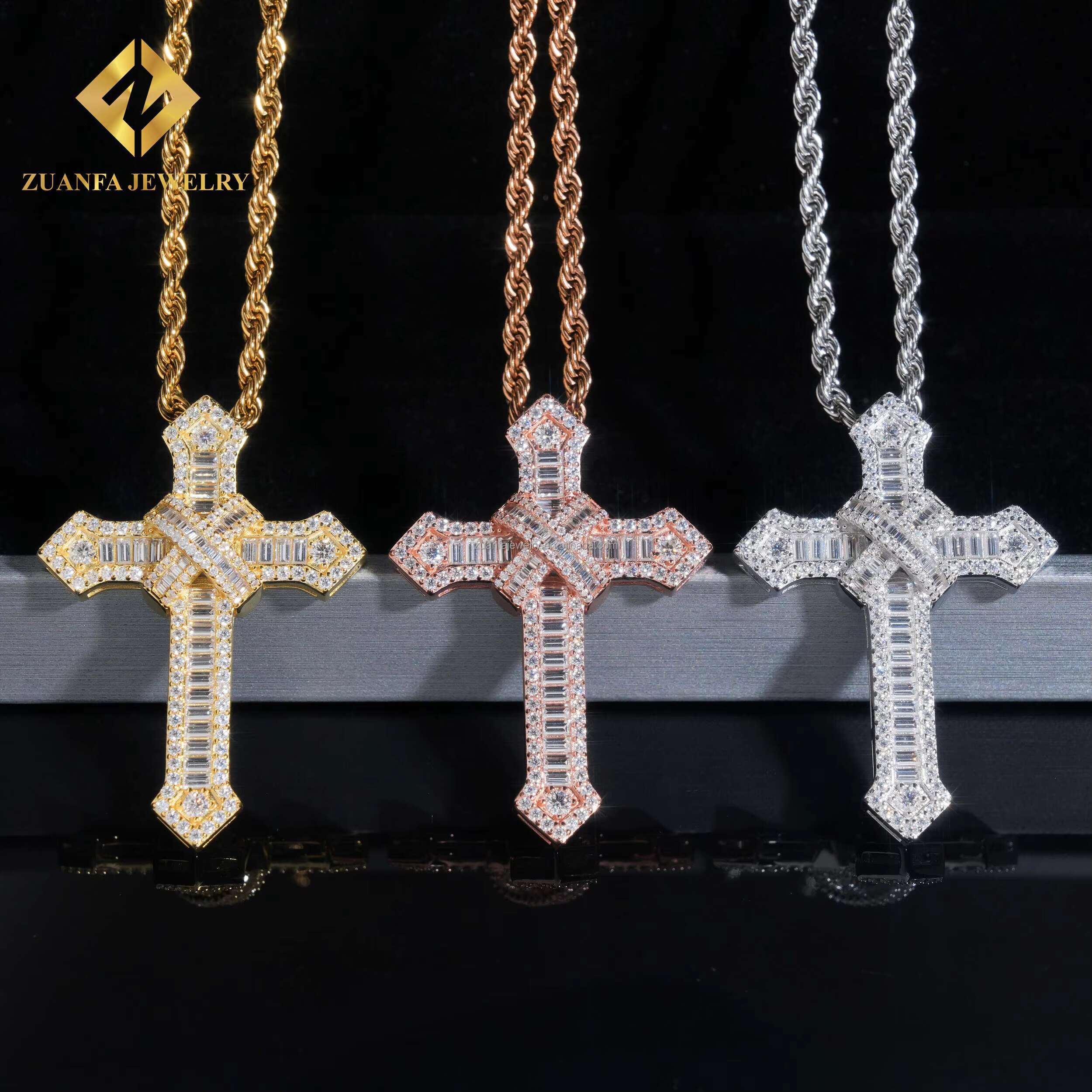 Wholesale Price Pass Diamond Tester GRA Certificate Iced Out Hip Hop Jewelry Baguette Moissanite Diamond Cross Pendant Chain