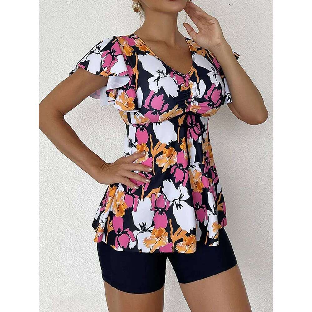 Two Piece Swimsuit Women 2025 Printed Tankini Set Tie Front Drawstring Swimwear Female Bathing Swimming Suit Beachwear Summer