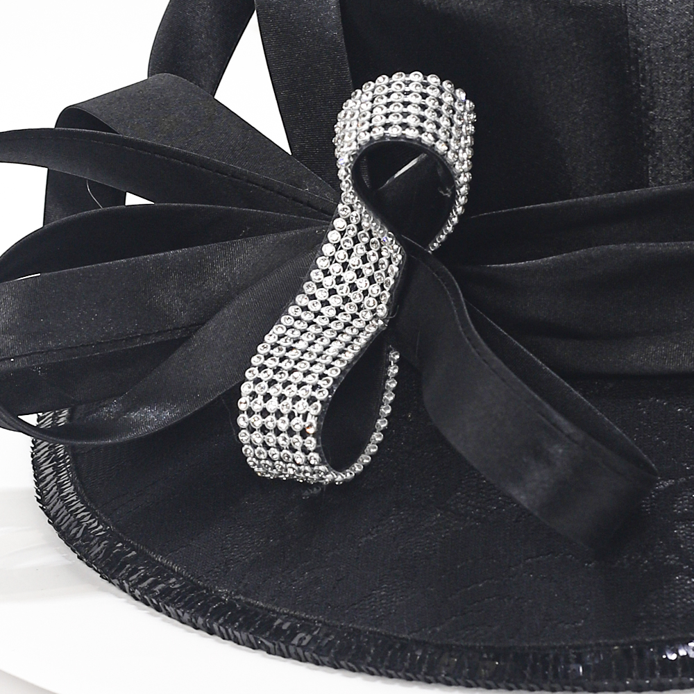 Elegant Black Church Hat with Wide Brim and Rhinestone Bow - Women's Formal Derby Tea Party Hat for Wedding & Sunday Services SD726