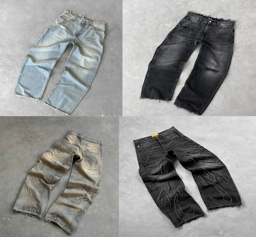 Men's Jeans Vintage Wash Paneled Wide-Leg For Men Fashion Streetwear Heavy Industry Punk Gothic Patchwork Denim Pants Y2k Baggy Size S-2XL