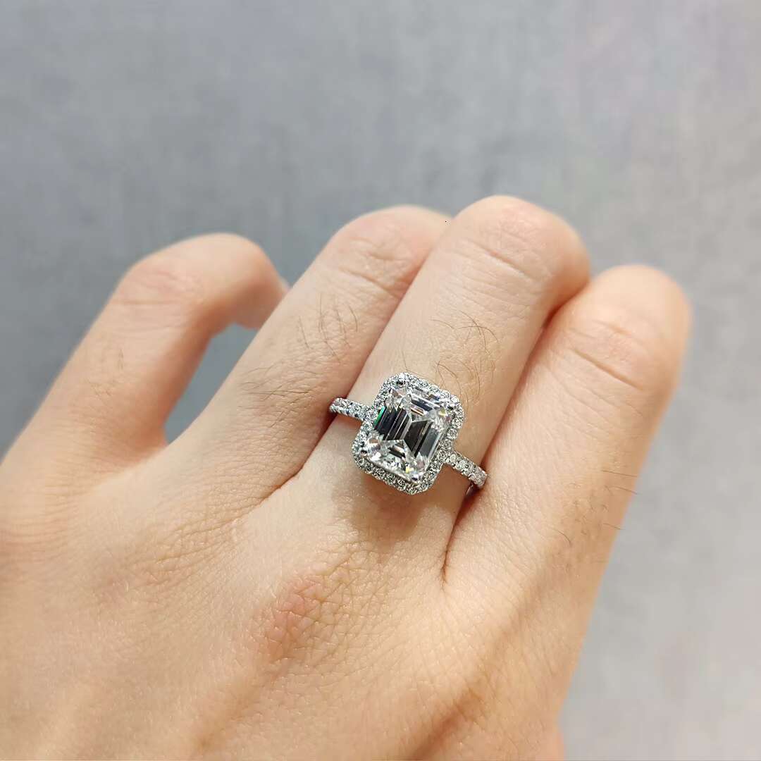 Silver 925 Original 1-2 Ct Diamond Test Past Emerald Cut D Color Rectangle Moissanite Wedding Ring for Women Gemstone Jewelry