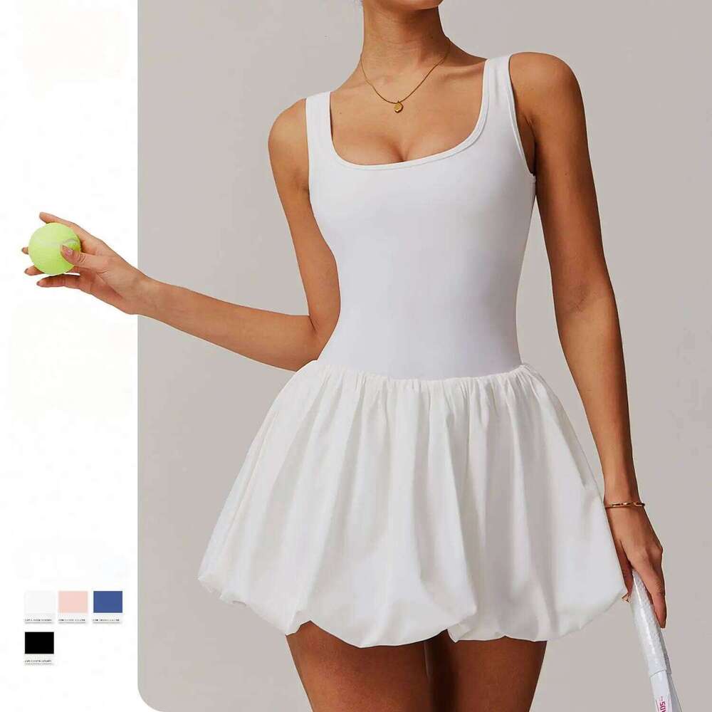 Womens Tennis Golf Dress Built-in Bra Shorts Backless Square Neck Mini Puffy Skirt Athletic Dresses with Pockets