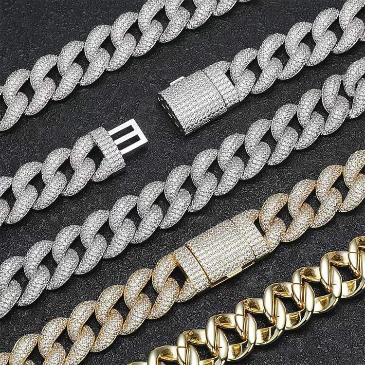 Mens New Fashion Cuban Link Chain Set Gold and Silver Plated Brass with CZ Zircon Stone Necklace