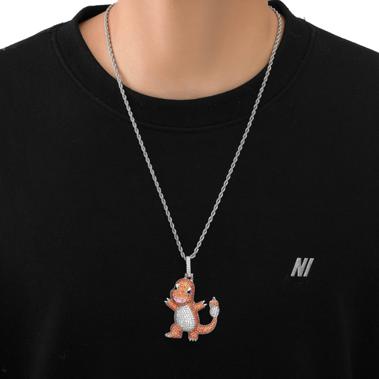 New Style Cartoon Charmander Pendant Ice Out Colorful Zircon Versatile Hip Hop Moissanite Necklace Pass the diamond tester