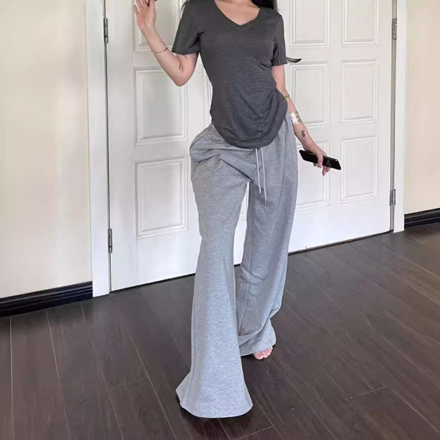 Trendy Pure Desire Gray V-Neck Short Sleeve T-Shirt For Women, Slim Fit Waist Casual Top Base Shirt B5