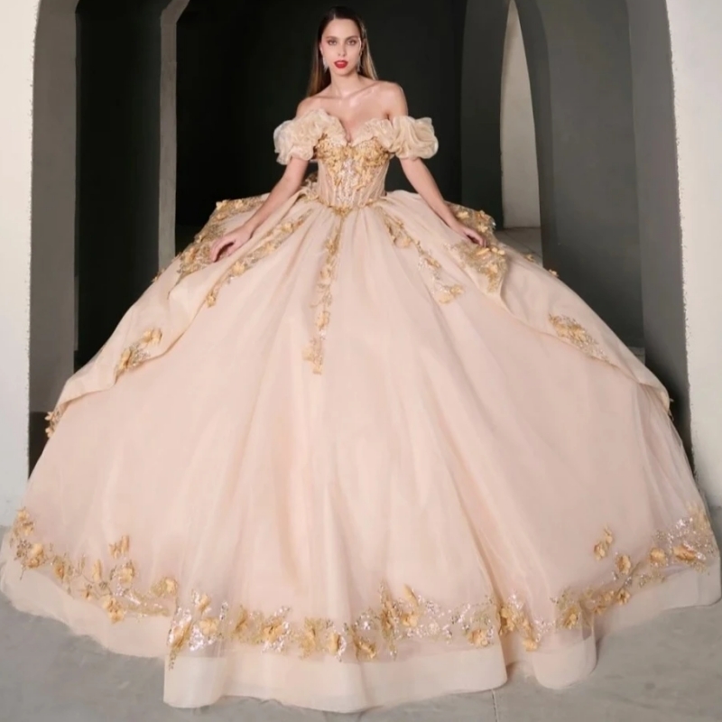 2025 Pink Quinceanera Dresses Ball Gown Gold Floral Applique Beading Tiered Sweet 16 Dress Vestidos De 15 Anos