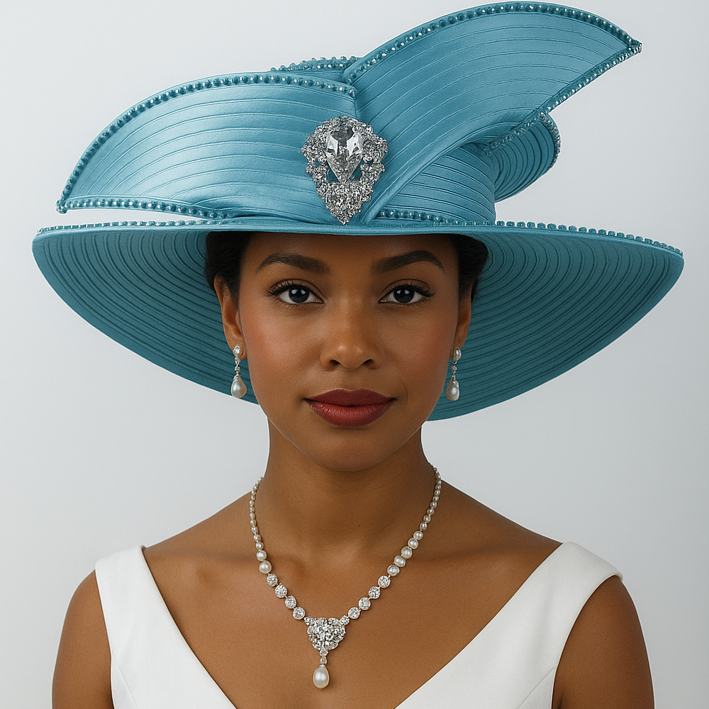 Elegant Blue Church Hat for Women - Wide Brim Derby Hat with Rhinestone Brooch for Race Day, Tea Party, Wedding & Sunday Church