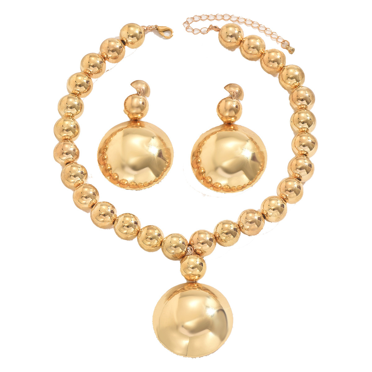 Fashion Women's Jewelry Set Personality Metal Round Bead Necklace High-End Pendant Earrings