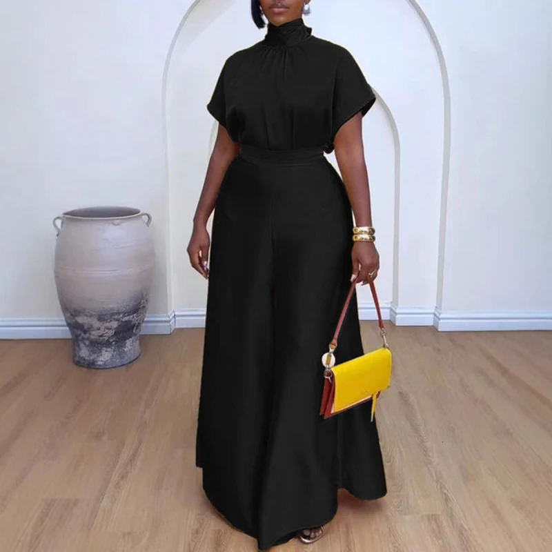African Fashion 2024 in Women Two 2 Piece Sets Outfit Soft Satin Lace Up Top and Wide Leg Pants Set Matching 250616