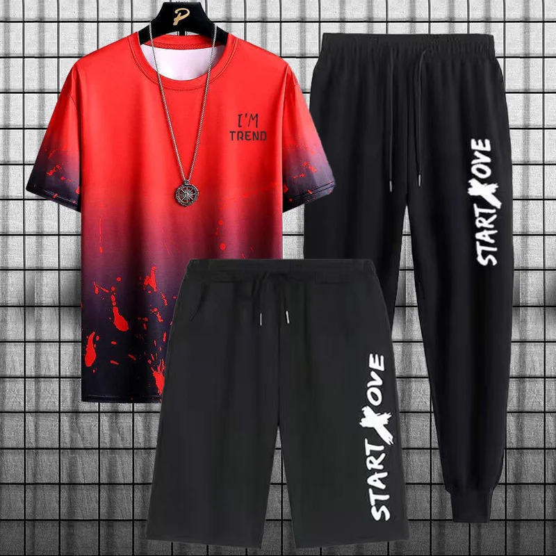 Summer Ice Silk Cool Three Piece Set Casual Sports Mens Set Pattern Style 250617