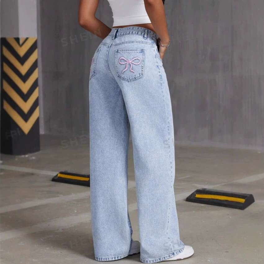 Bowknot Embroidered Washed Jeans For Women American Sweet And Spicy Style Straight Loose Long Pants B5