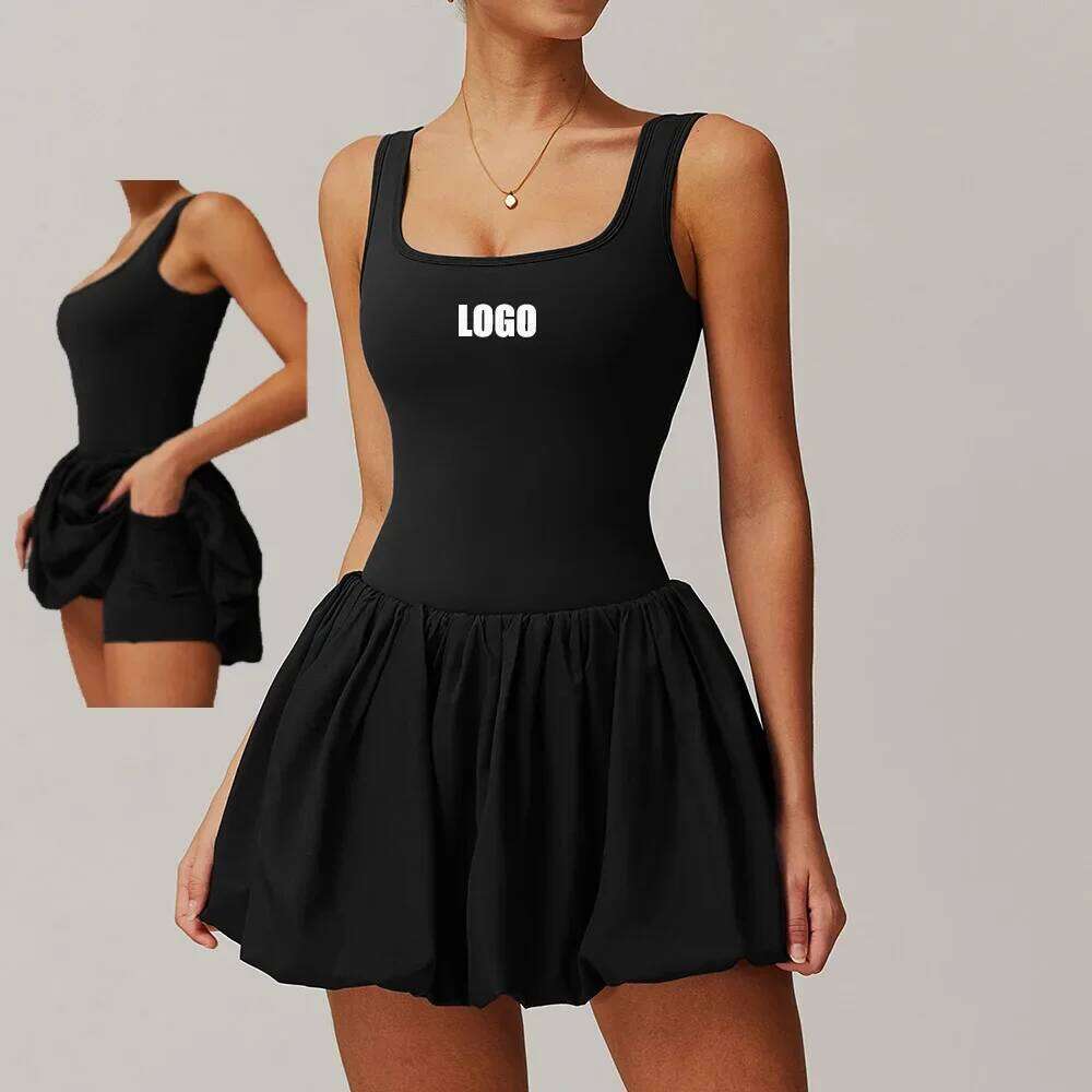 Custom women's nude fake two-piece sports dress anti-light inner pocket running fiess tennis skirt
