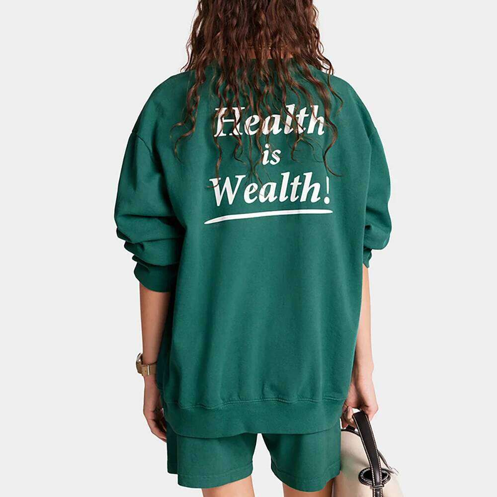 5W297 Health Is WealthLetter Graphic Print Sweatshirt Women O-Neck Long Sleeve Sporty Female Pullover Vintage Casual Lady Top
