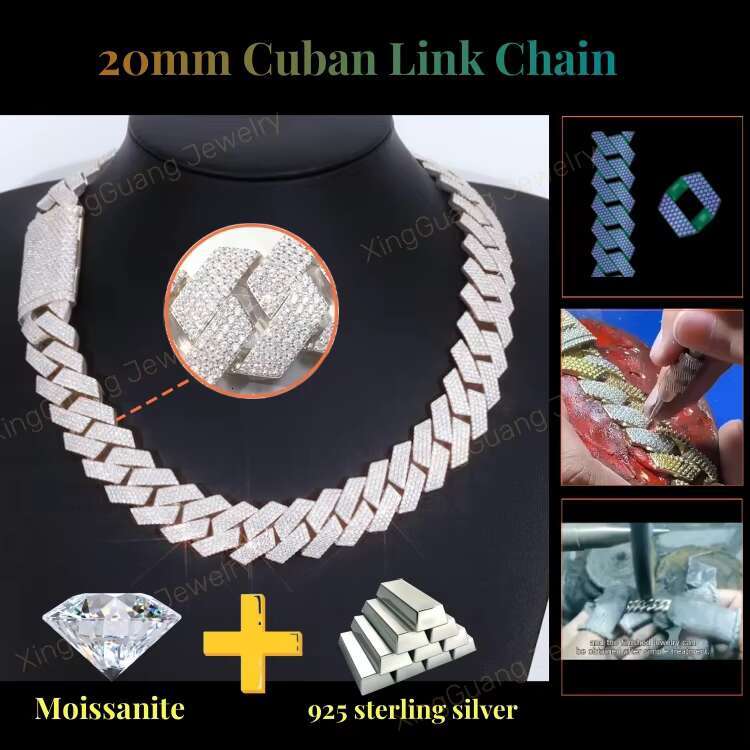 Hiphop in Stock Moissanite Cuban Link Chain 4row 20mm White Gold 2 Tones 925 Sterling Silver Iced Out Moissanite Cuban Chain