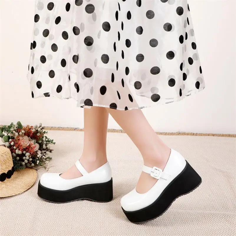 FOREADA Mary Janes Shoes Kawaii Princess Patent Leather Platform High Heel Round Toe Wedges Buckle Footwear Female 46 250624