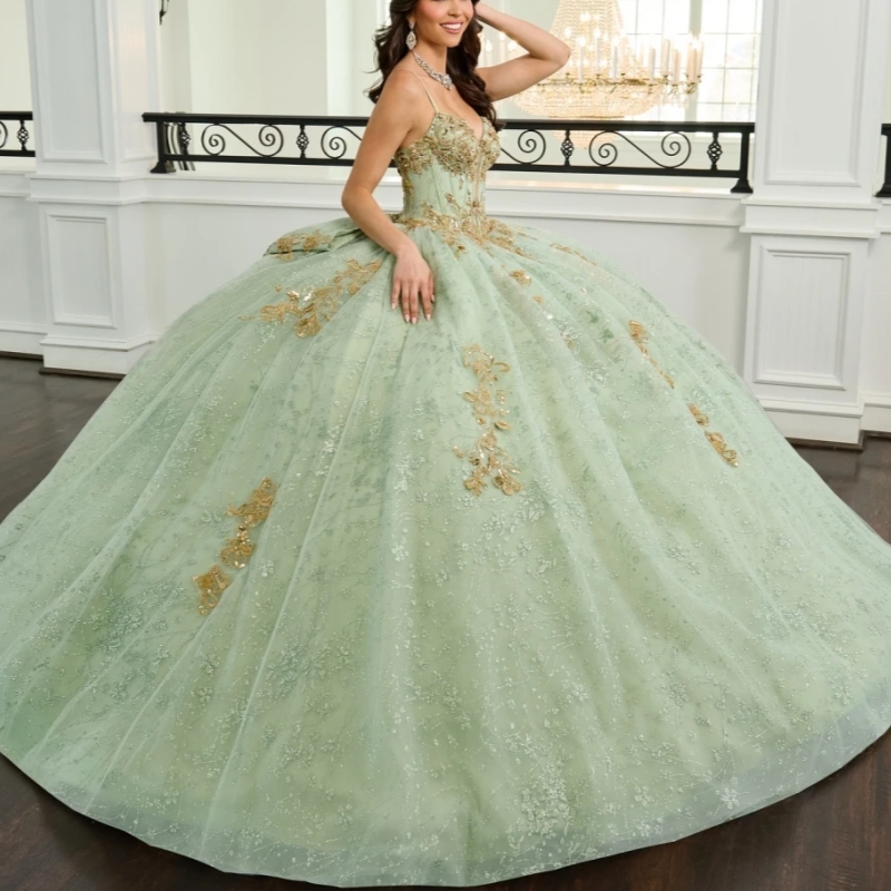 2025 Sage Quinceanera Dresses Ball Gown Gold Lace Applique Beaded Crystal Tull Bow Corset Sweet 16 Dress Vestido De 15 Anos