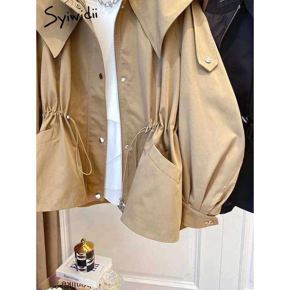 Syiwidii Jackets for Women Pocket Single Breasted Chic Casual Coat New Fashion Long Sleeve Zipper Drawstring Female Jacket