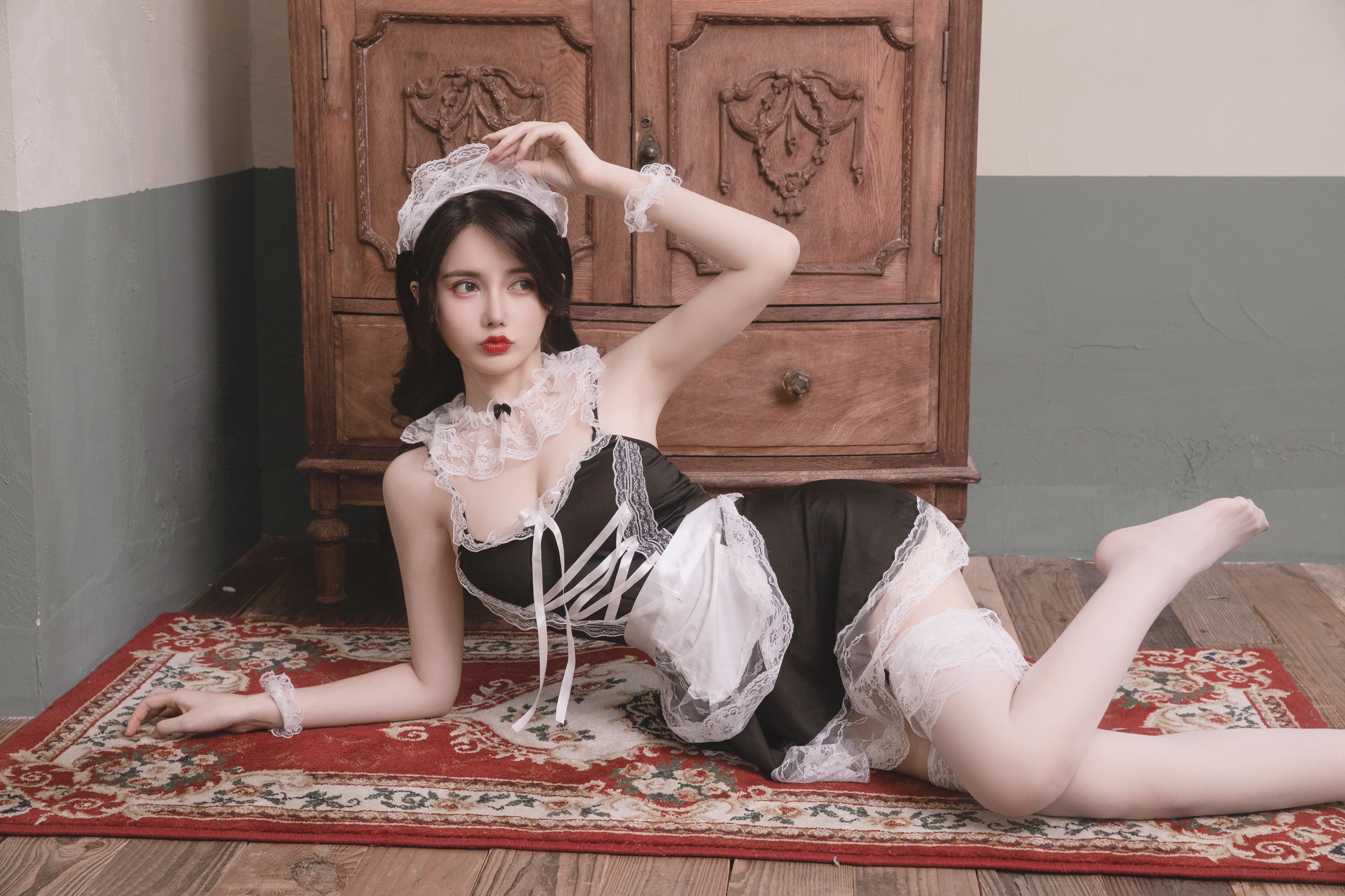 Sexy maid outfit lingerie - maid uniform cosplay lace deep V hollow out set 8003