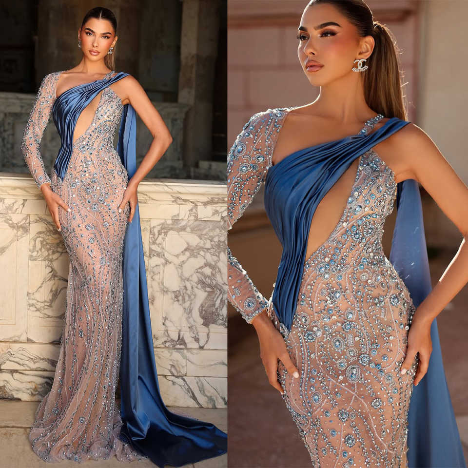 Luxury Crystals Evening Dresses Elegant One Shoulder Beaded Mermaid Prom Dress Floor Length Party Celebrity Gowns