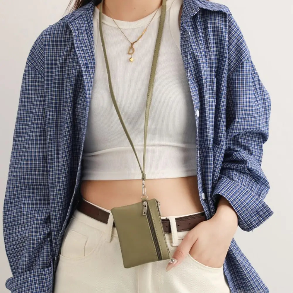 Solid Color Hanging Neck Coin Purse Leather Lanyard Hanging Neck Wallet Keys Cards Lipstick Earphone Small Storage Bag R250624