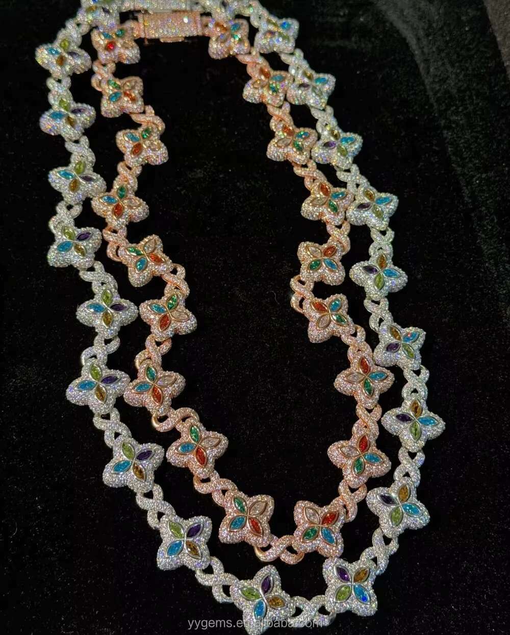 Yu Ying Custom Marquise Cut Fancy Colors Moissanite Real Gold Plated S925 Silver Cuban Link Chain Necklace Hip Hop Jewelry