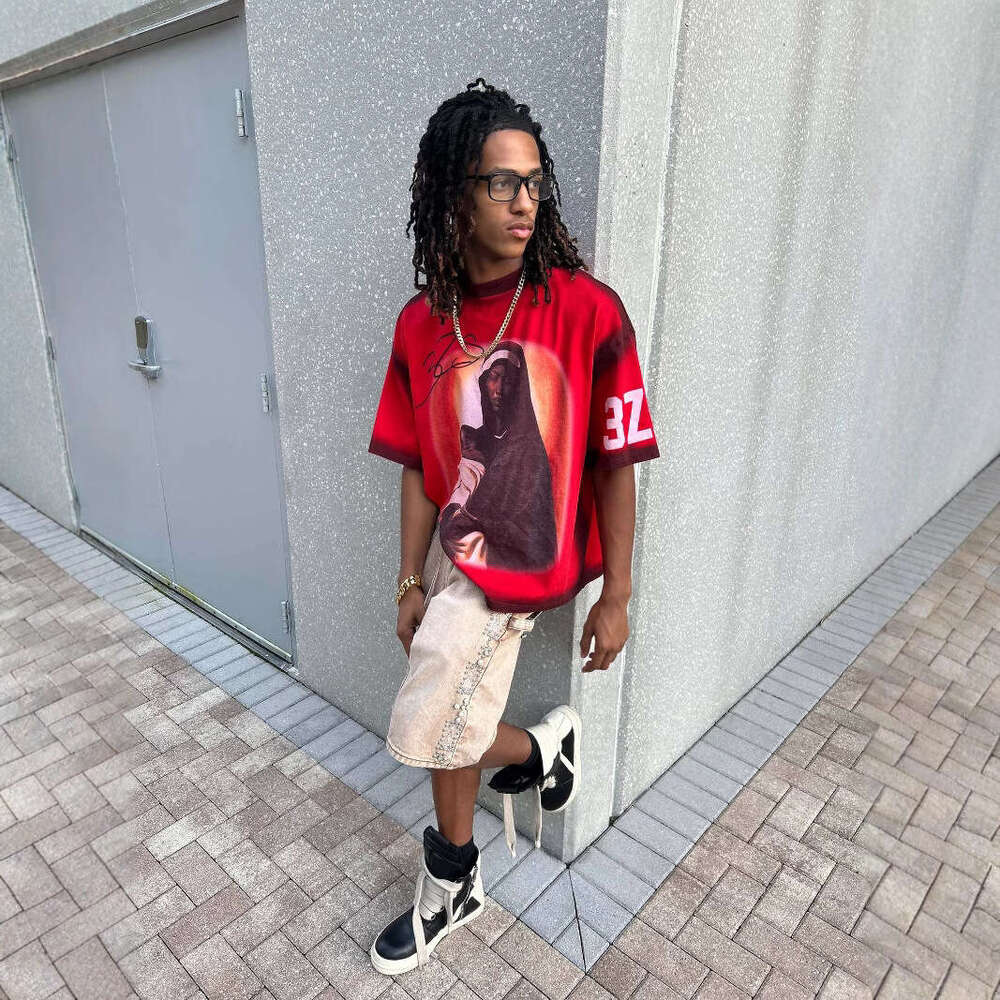 New American Street Style Virgin Mary Letter Print Loose Fit Versatile Short Sleeve