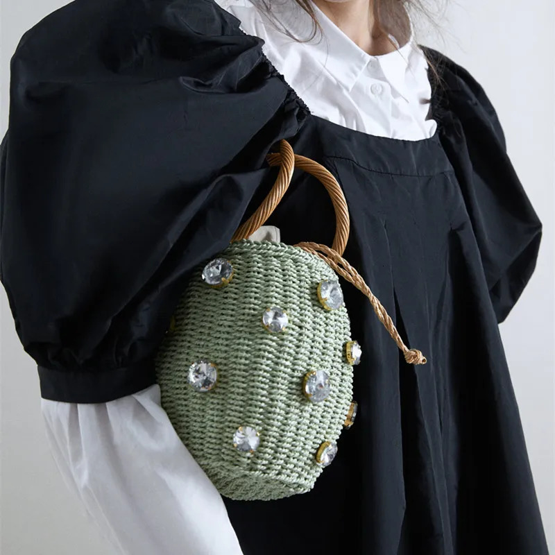 Summer Round Rattan Handmade diamond Pearl Bag Bohemian Leisure Straw Bucket Knitting Shoulder Crossbody Beads Beach Bag 250624
