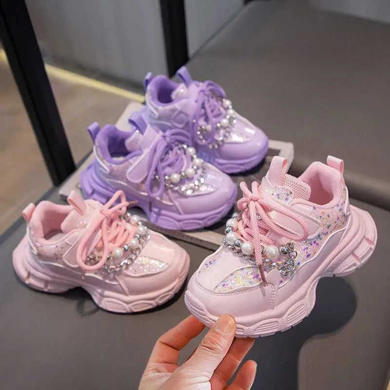 Athletic Outdoor Athletic Outdoor Childrens Sports Shoes 2024 Girls Spring Fashion Shining Pearl Running Shoes Childrens Anti slip W250624