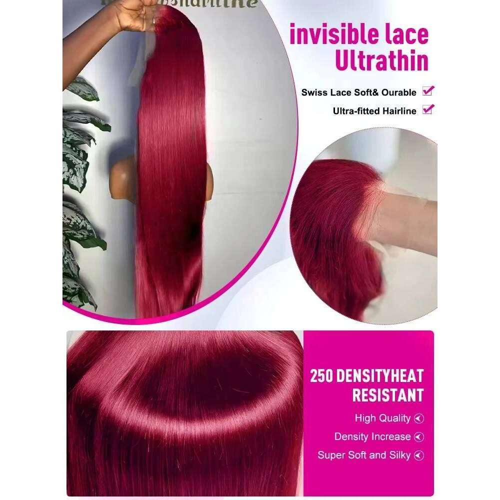 99J Bury Front Human Hair 30 40 Inch 13x6 Straight Frontal Wigs HD Transparent Lace Colored Red Wig For Women