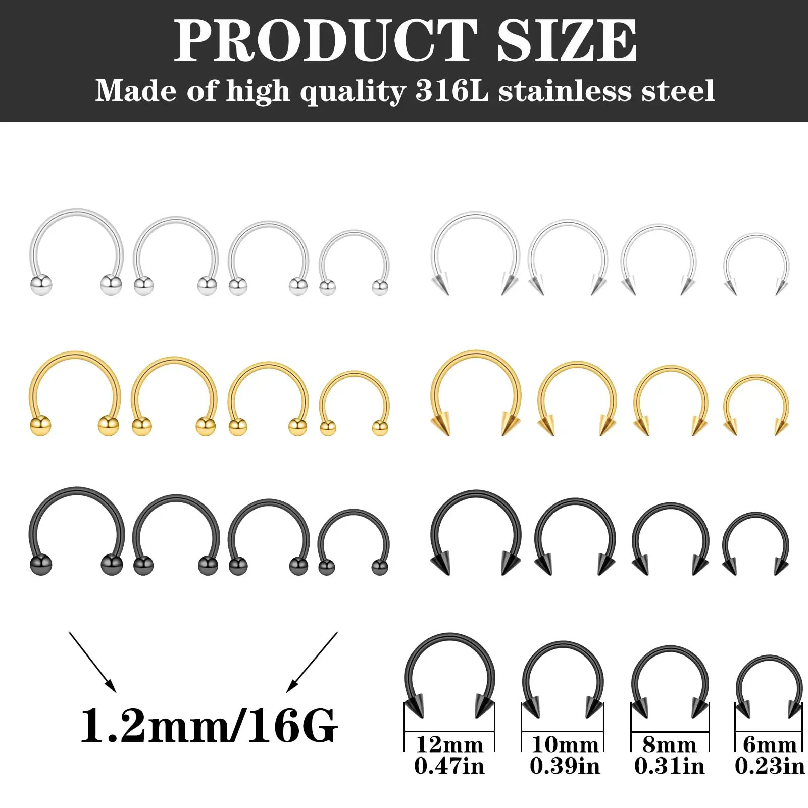4pcs 16G Variety of Sizes Horseshoe Rings Steel Nose Septum Hoop Earring Eyebrow Piercing Jewelry for Women Men 612mm 250613