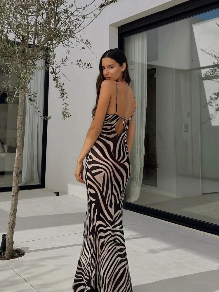 Chiffon Zebra Print Beach Dres Sexy See Through Sim Long Party Dresses Summer Spaghetti Strap Backless Holiday Dress 2024 250616