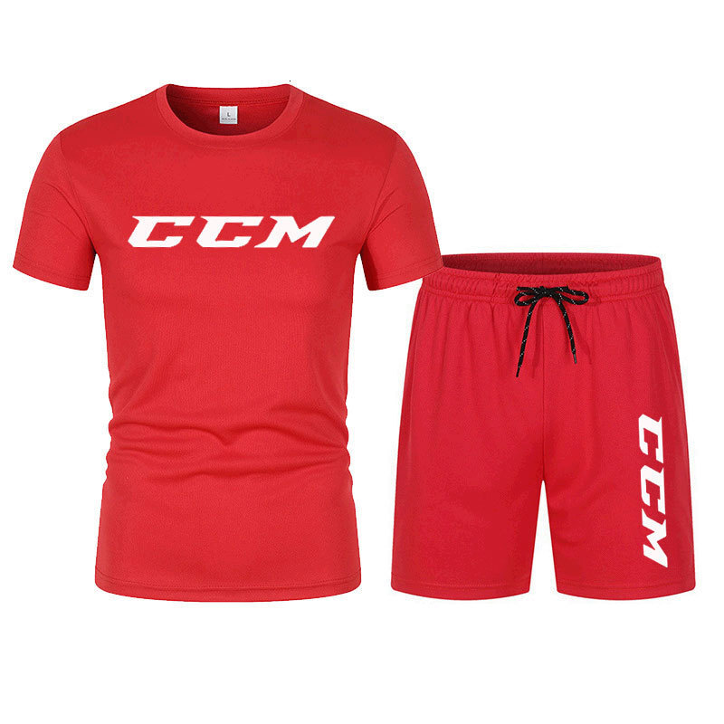 Designer's set: Men's summer sport quick-drying set, short-sleeved mesh T-shirt, two-piece set, loose and decorated with CCM print