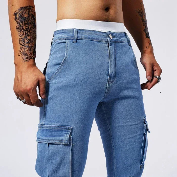 2025 Men Street Elastic Denim Jeans Multi Pockets Cargo Pants Casual Slim Denim Trousers Fashion Y2k Joggers Baggy Man Pants 250624
