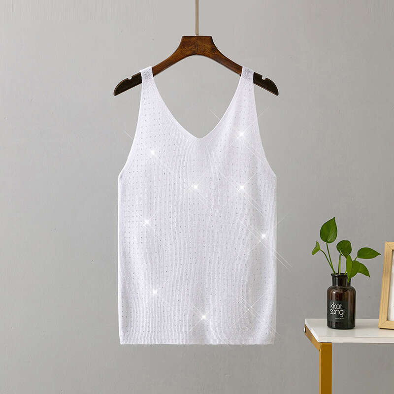 2023 Summer New Ice Silk Knitted Camisole with Shiny Thread Rhinestones, V-neck, Solid Color, Slim Fit, Sexy and Fashionable Tank Top