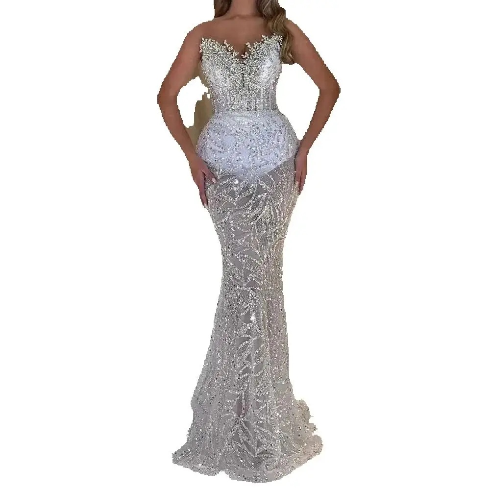 Gorgeous Strapless Sleeveless Mermaid Evening Dresses Crystal Party Gown Sequins Lace Sweep Train Prom Dress Customized