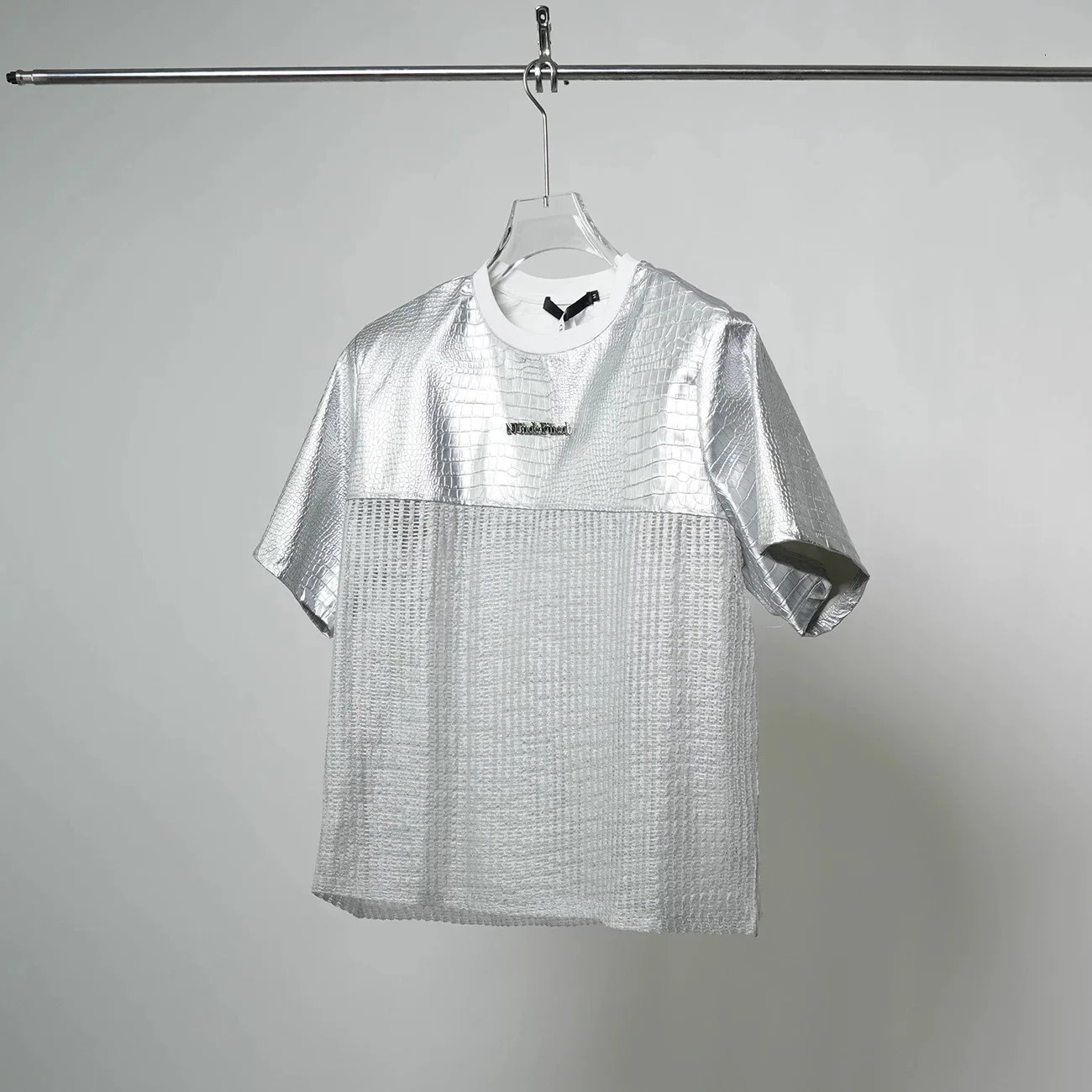 2025 Summer PU Leather Hollow Out Mesh Patchwork Techwear Short Sleeve T Shirt Men Hip Hop Punk Rock Tops Streetwear 250617