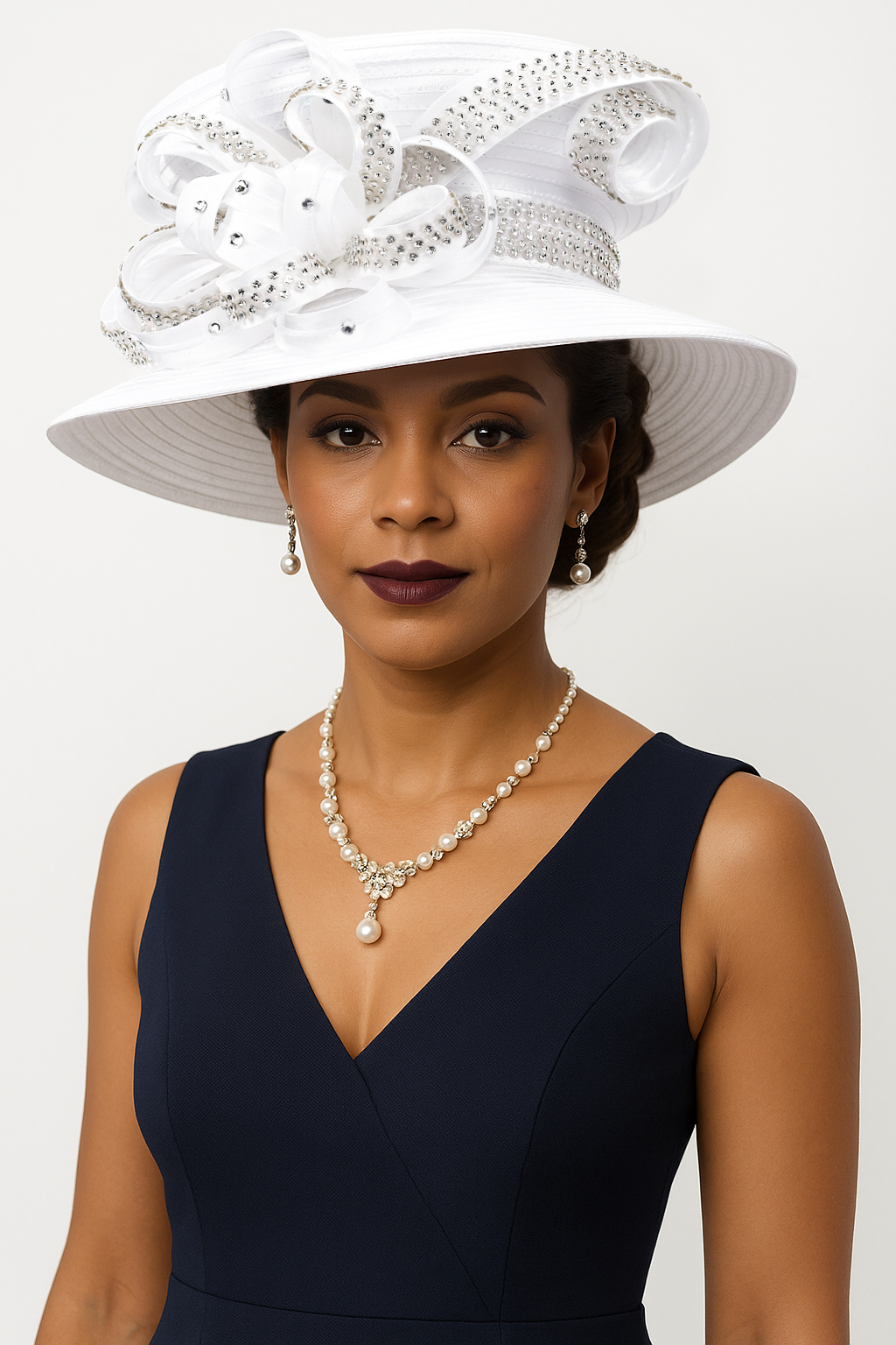 Elegant White Church Hat for Women - Wide Brim Derby Hat with Rhinestone Ribbon Bow, Ideal for Weddings, Tea Parties, and Sunday Service SD724